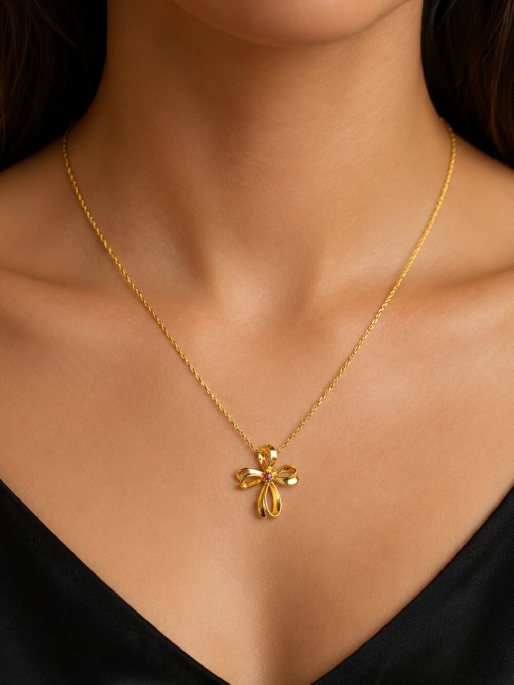 Vintage Signed Avon Ruby Color Crystal Cross Necklace – 10K Gold Plated